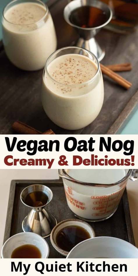 Vegan oat milk eggnog is the perfect way to celebrate the festive vibes of the season! It's wonderfully creamy, versatile, and easy - no eggs needed! Whether you're vegan, dairy-free, or entertaining guests who are, prepare to fall in love with oat milk nog! Vegan Eggnog Recipe, Yule Recipes, Vegan Entertaining, Going Dairy Free, Vegan Beverages, Dairy Free Egg Nog, Christmas Beverages, Vegetarian Sauces, Vegan Eggnog