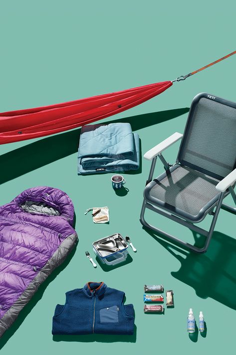 Camping Flatlay, Camping Product Photography, Camping Layout, Camping Magazine, Laydown Photography, Summer Camp Art, Camping Lifestyle, Waterproof Blanket, Down Sleeping Bag