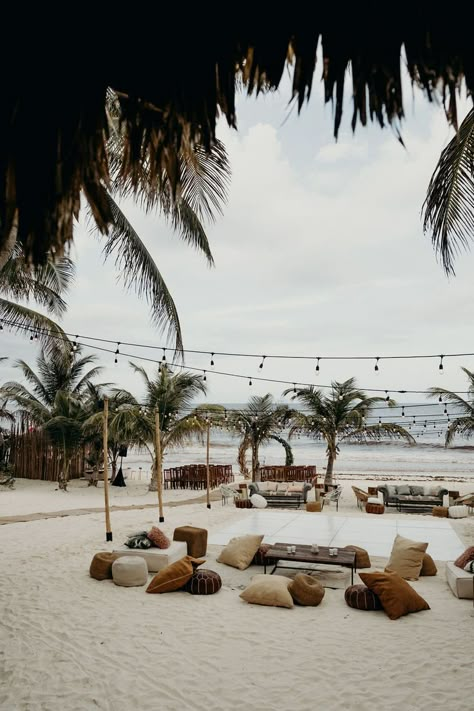 Boho Beach Wedding Seating, Beach Wedding Lounge Area, Beach Wedding Tulum, Tulum Event Decor, Beach Set Design, Tulum Wedding Decor, Beach Event Decor, Tulum Beach Party, Beach Set Up Ideas