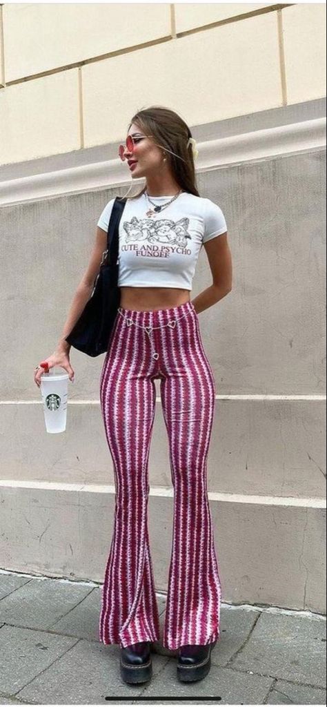 Patterned Flare Pants Outfit, Stripped Pants Outfit, Bootcut Pants Outfit, Pinstripe Pants Outfit, Boston Calling, Bell Bottoms Outfit, Striped Flare Pants, Flair Pants, Boho Whimsical