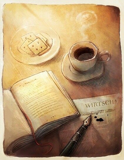 A good book and a cup of delicious coffee. Life is wonderful :) Book And Coffee Drawing, Tea Illustration Art, Coffee Cup Illustration, Coffee Life, Tea And Books, Coffee Painting, Delicious Coffee, A Pen, A Cup Of Coffee