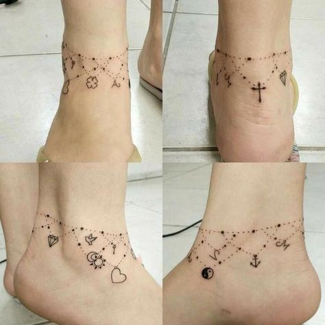 Charm Bracelet Tattoo Ideas, Star Bracelet Tattoo, Charm Tattoo Ideas, Cute Feet Tattoos, Charms Tattoo, Tattoo Anklet, Inside Ankle Tattoos, Charm Anklet Tattoo, Tattoo Ideas Ankle