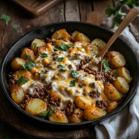 Cheesy Skillet Beef and Potatoes: A Hearty, One-Pan Comfort Dish - Greenku Recipes Cast Iron Skillet Recipes Beef, Steak And Potato Bowl, Easy Ground Beef And Potato Recipes, Beef Potato Skillet, Potato And Ground Beef Recipes, Ground Beef Breakfast Recipes, Ground Beef Skillet Recipes, Beef And Potato Skillet, Ground Beef And Potato Recipes