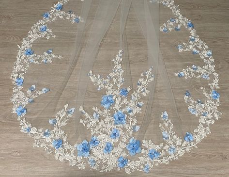 Veil With Blue Flowers, Light Blue Wedding Veil, Veil Flowers, Veil Cape, Traditional Veil, Veil Floral, Cape Veil, Early Spring Wedding, Blue Veil