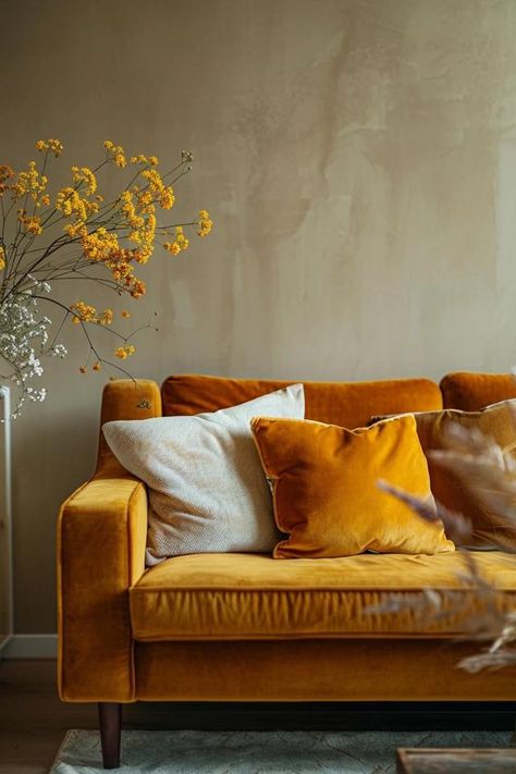 Warm Yellow &amp; Brown Living Room Decor Tips Yellow Colour Living Room Ideas, Taupe And Yellow Living Room, Amber Couch Living Rooms, Cozy Yellow Living Room, Yellow And Brown Living Room, Mustard Yellow Color Combinations, Mustard Living Room Decor, Mustard Sofa Living Room Ideas, Yellow Brown Living Room