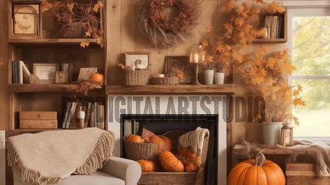 Home Office Bookshelf, Background For Zoom, Office Bookshelf, Fall Room, Thanksgiving Background, Office Bookshelves, Zoom Background, Office Background, Autumn Background