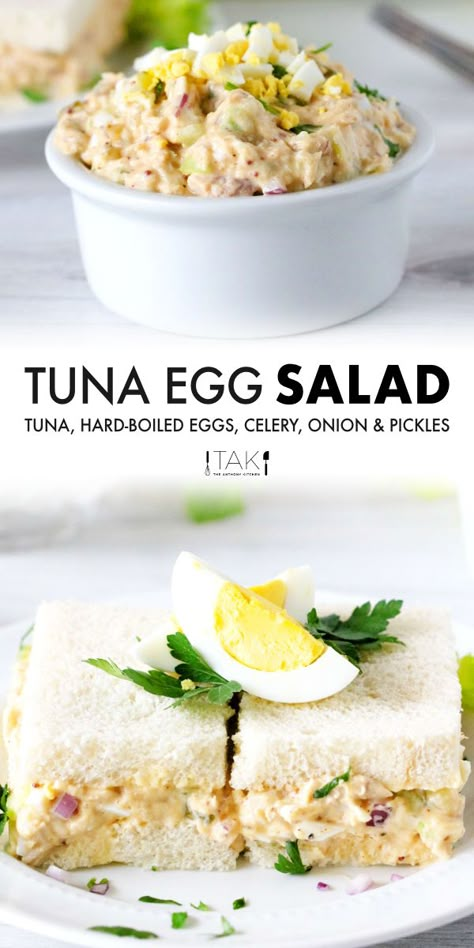 A quick and easy recipe for Tuna Egg Salad that's just as delicious as you remember it! Perfect for sandwiches, salads, and more. It features tuna, hard-boiled eggs, celery, dill pickles, and a creamy, zingy dressing. Use light mayonnaise for a low-fat, healthy tuna salad! Tuna Egg Salad Recipe, Tuna Egg Salad, Best Tuna Salad Recipe, Best Tuna Salad, Healthy Tuna Salad, Tuna And Egg, Healthy Tuna, Boiled Egg Diet, Egg Salad Recipe