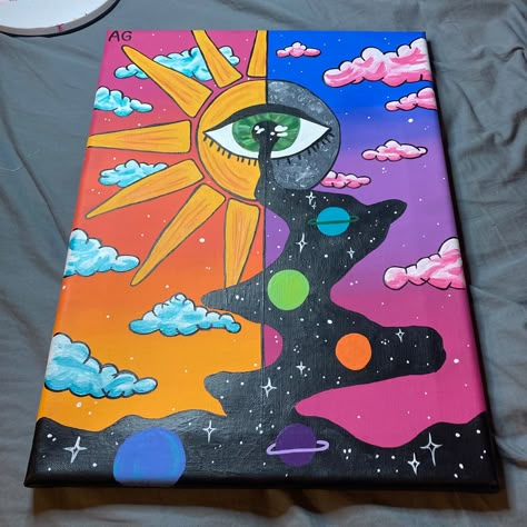 Trippy Sun And Moon Painting, Simple Trippy Canvas Paintings, Easy Spiritual Paintings For Beginners, Shroom Painting Ideas Creative, Bright Drawings Ideas, Felt Tip Art Pens Drawing, Things To Draw While High, What To Paint On A Black Canvas Trippy, Half Painting Ideas