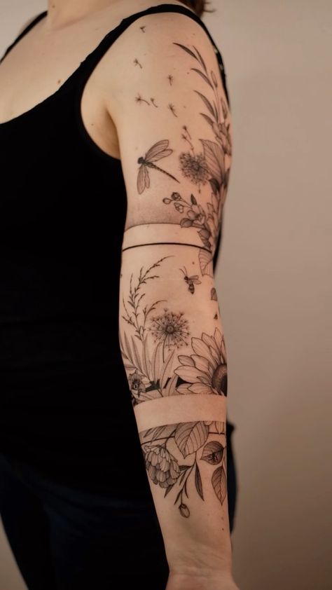 Vlada - tattoo-artist & just a human being✨ on Instagram: "Such a lovely half-sleeve for a guest from Germany! Thank you for your trust 🙏🏻 #flowertattoo #beetattoo" Feminine Mandala, Natur Tattoo Arm, Tattoo Tiger, Nature Tattoo Sleeve, Free Hand Tattoo, Water Tattoo, Wildflower Tattoo, Full Arm Tattoos, Tattoos For Women Half Sleeve