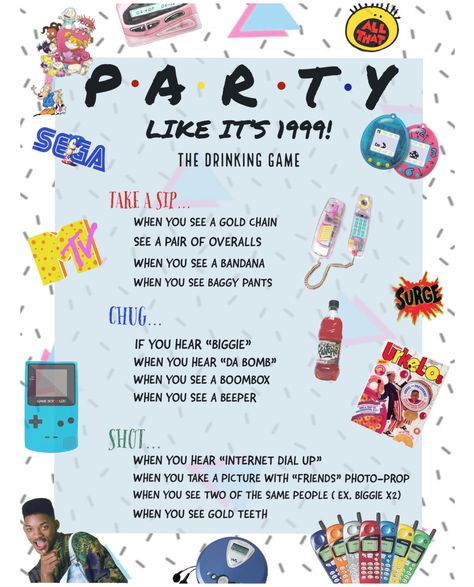 90s Drinking Games, 90s New Years Eve Party, 90s Party Drinks, 1999 Party Theme, Party Like Its 1999 Theme, 90s Cartoon Party, 90s Games Party Ideas, 90s Candy Bar Party Ideas, 90s Snacks Party