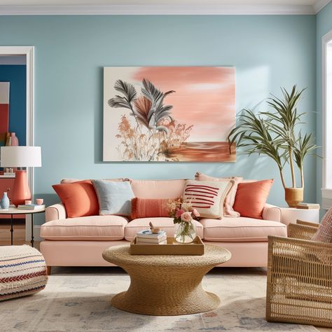 living room with light blue walls and coral decor Coral Living Room Walls, Blue Living Room Paint Colors, Blue Coral Living Room, Light Blue Walls Living Room, Light Blue Living Room Walls, Blue Living Room Paint, Blue Paint Living Room, Blue And Orange Living Room, Bedroom Layouts For Small Rooms