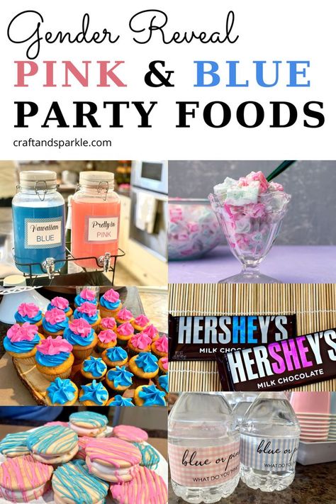 If you are hosting a gender reveal party, you must have lots of pink and blue food. Here is the ultimate list of delicious food, desserts, and drinks perfect for that. This includes gender reveal cakes, cupcakes, cookies, mocktails and much more! Dessert Bar Gender Reveal, Pink And Blue Drinks For Gender Reveal, Gender Reveal Party Snacks Cute Ideas, Gender Reveal Refreshments, Gender Reveal Foods Snacks, Diy Gender Reveal Desserts, Pink And Blue Snacks, Gender Reveal Desserts Treats, Gender Reveal Foods For Party