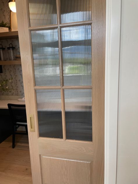 Wood Pocket Door Pantry, Doors With Windows Above, Cane Interior Door, Reeded Pantry Door, White Oak Pocket Doors, Wood And Glass Pocket Door, Wood Pocket Doors Interior, Oak Pocket Doors, Arched Pocket Door Pantry