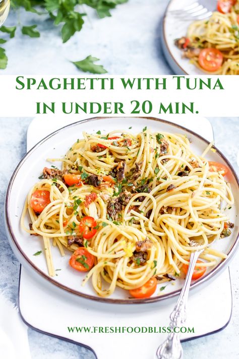 Spaghetti with Tuna, perfect for a weekday meal, ready in under 20 minutes. Chilli Tuna Pasta, Pasta With Tuna And Tomatoes, Mediterranean Pasta Recipes, Pasta With Diced Tomatoes, Chilli Pasta, Sardine Pasta, Fresh Tomato Pasta, Tuna Fillet, Tuna Recipe