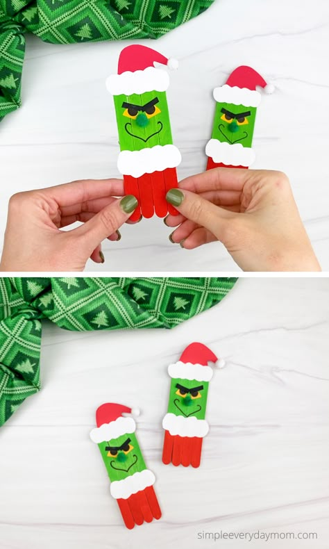 This popsicle stick Grinch craft is a fun Christmas activity for kids. Download the free printable template and make at home or at school. All you need is some popsicle sticks, paper, paint, and you’re all set! Grinch Craft, Craft For Kids Easy, O Grinch, Popsicle Stick Craft, Popsicle Stick Christmas Crafts, Popsicle Stick Crafts For Kids, Grinch Crafts, Grinch Christmas Decorations, Popsicle Crafts