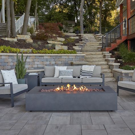 Lakeview Elysian 70-Inch Rectangle Propane Gas Fire Table - Weathered Slate - SC-C9814LP-WSLT : BBQGuys Rectangle Fire Pit Ideas, Fire Tables Outdoor, Gas Fire Pit Ideas, Gas Outdoor Fire Pit, Fire Pit Size, Rectangular Gas Fire Pit, Rectangle Fire Pit, Propane Fire Table, Cute Lights