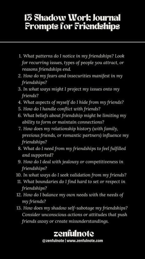 This self-exploration can lead to deeper understanding and healthier friendships. Engaging with these questions through journaling or meditation can help uncover insights about your friendship dynamics. Friendship Dynamics, Shadow Work Journal Prompts, Work Journal Prompts, Morning Journal Prompts, Mindfulness Journal Prompts, Friends Journal, Shadow Work Journal, Journal Topics, Journal Questions