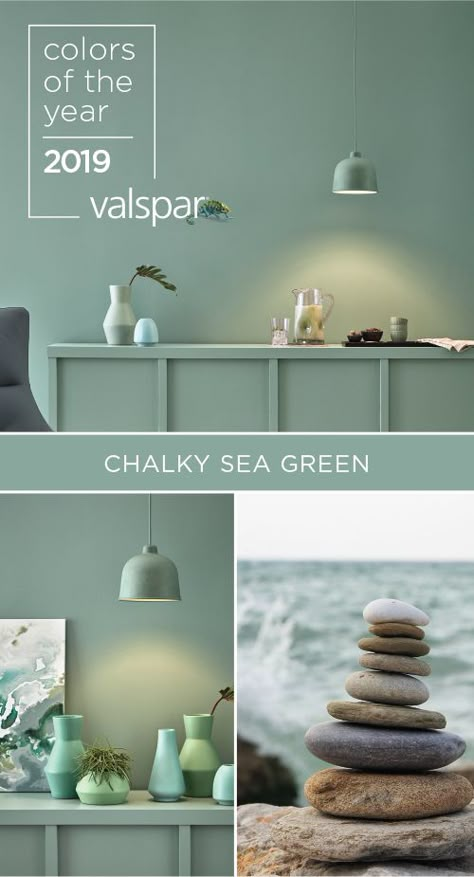 “This harmonious green-blue is perfectly balanced to inspire inner growth.” Sue Kim, Valspar Color Strategist.  One of 12 Valspar 2019 Colors of the Year: Green Water 5003-4A at Lowe’s. Sea Fog Paint Color, Valspar Green Paint, Distant Valley Valspar, Blue Green Paint Living Room, Valspar Green Paint Colors, Green Blue Bathroom, Valspar Sea Salt Blue, Silver Eucalyptus Paint Valspar, Blue Green Bathroom Ideas