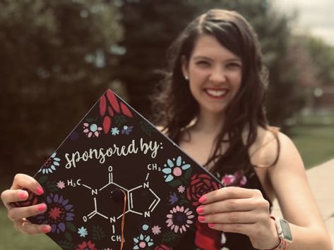 Chemistry Cap Decoration, Women In Stem Graduation Cap, Biochemistry Graduation Cap, Graduation Cap Designs Chemistry, Chemistry Graduation Cap, Graduation Dress College Spring, Caffeine Chemistry, Spring Graduation Dress, Graduation Barbie