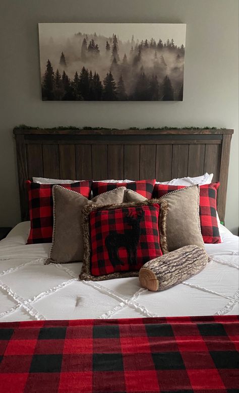 Cabin Astethic Bedroom, Lodge Theme Bedroom, Red Buffalo Plaid Bedroom Master, Colorado Themed Bedroom, Red Cabin Bedroom, Cabin Themed Bed, Black Buffalo Plaid Bedding, Cabin House Decor, Beddys Bedding Buffalo Plaid