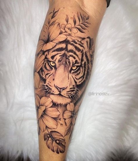 Arm Tattoos For Women Animals, Tiger Upper Arm Tattoo Women, Mother Tiger Tattoo, Tiger Tattoo Shoulder For Women, Tiger Calf Tattoos For Women, Tiger And Flower Tattoo For Women, Flower And Animal Tattoo Sleeve, Arm Tattoos For Women Tiger, Tigress Tattoo For Women