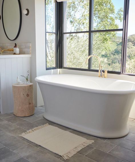 Jenni Kayne Home, Custom Bathtub, Narrow Entryway, Primary Bathroom, Furniture Dimensions, Huge Windows, Cedar Trees, Wood Dog, Jenni Kayne