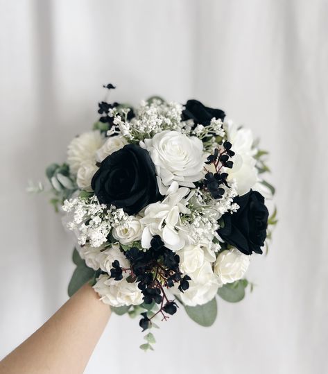 Black and White Bridal Bouquet, Black Bouquets, Black Bridal Bouquet, Black Fake Bouquet, Black - Etsy All Black Wedding Bouquet, White Black Bouquet, Green Black And White Bouquet, White And Black Bouquet Wedding, Green And Black Wedding Bouquets, Black And Silver Flower Bouquet, Black White And Blush Bouquet, Black And White Prom Bouquets, Bouquet For Black Wedding Dress