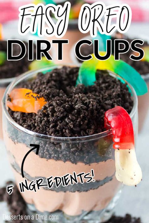 Cups Of Dirt Dessert, Summer Dirt Cups, Earth Day Dirt Cups For Kids, How To Make Dirt Cake Cups, Worm And Dirt Cups, Mud Pie Cups Dirt Cake, Dirt And Worms Dessert Easy, Easy Dirt Pudding Cups, Dirt Cups Dessert Construction