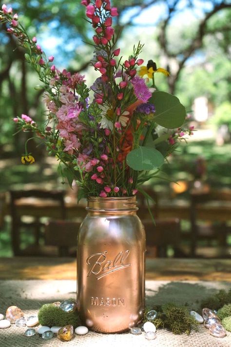 Copper Mason Jar Blooms from a Coachella Inspired Boho Birthday Party on Kara's Party Ideas | KarasPartyIdeas.com (11) Coachella Centerpieces, Boho Themed 21st Birthday Party, Coachella Centerpieces Party Ideas, Boho Themed Sweet 16 Party Ideas, Boho Chic Centerpieces Birthday, Sweet 16 Boho Party Ideas, Coachella Sweet 16 Themed Parties, Carnita Asada, Coachella Birthday