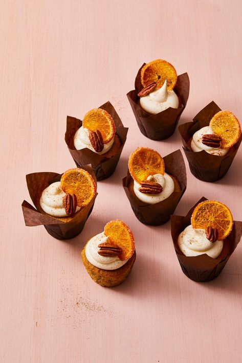 Pecan Cupcakes With Spiced Vanilla Frostinggoodhousemag Fall Cupcakes Recipes, Vanilla Frosting Recipes, Candied Orange Slices, Cream Candy, Sugared Pecans, Fall Cupcakes, Christmas Dinner Menu, Spice Cupcakes, Fall Desserts Easy