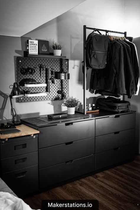 Monochrome Desk Setup Black Desk Space, All Black Furniture Bedroom, Bedroom Inspiration Men, Minimalism Room Ideas, Black Bedroom Set Ideas, Man Room Ideas, Men’s Apartment Ideas, Black Desk Setup, Mens Apartment Ideas