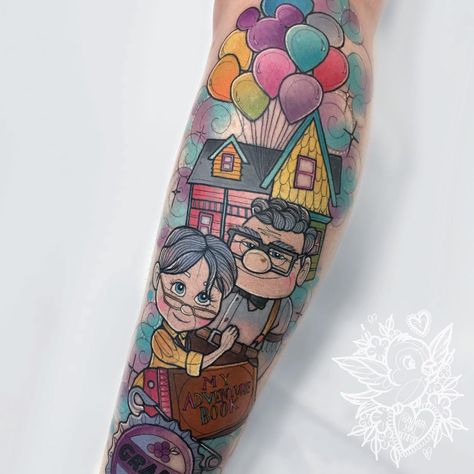 Disney Up Tattoo Ideas, Pixar Up Tattoo, Disney Up Tattoo, Up Tattoo Disney, Up Movie Tattoo, Inside Out Tattoo, Pixar Tattoos, Up Carl Y Ellie, Disney Couple Tattoos