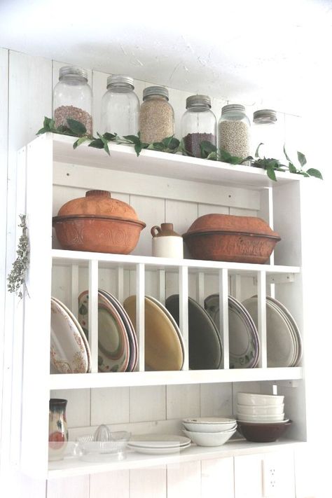 a whitewashed country cottage shelf with plate rack Plate Racks In Kitchen Open Cabinets, Kitchen Open Cabinets, Plate Rack Shelf, Cottage Kitchen Shelves, Plate Racks In Kitchen, Diy Plate Rack, Above Kitchen Sink, Plate Shelves, Happy Friyay