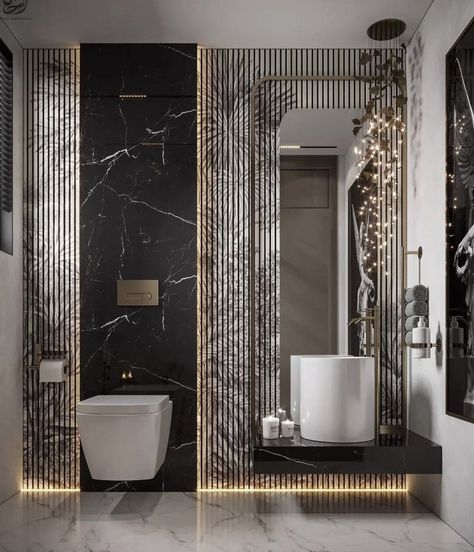 Modern bathroom decor luxury black and white |bathroom remodel ideas on a budget Powder Washroom, Luxury Toilet Design, Washroom Tiles Design, Washroom Designs, Unique Bathroom Mirrors, Washroom Tiles, Restaurant Floor Plan, Bathroom Lights Over Mirror, Bathroom Interior Design Luxury