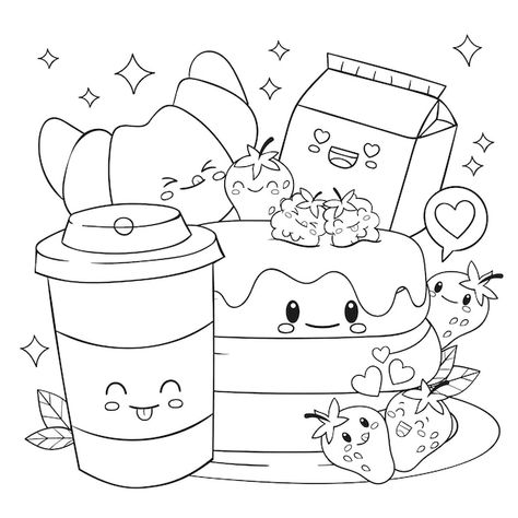 Hand drawn kawaii coloring book illustra... | Premium Vector #Freepik #vector #minimal-illustration #line-art #hand-drawn-illustration #cute-drawing Food Coloring Sheets, Doodles Kawaii, Art Outline, Minimal Illustration, Manga Coloring Book, Food Coloring Pages, Cartoon Coloring Pages, Cool Coloring Pages, Flower Coloring Pages