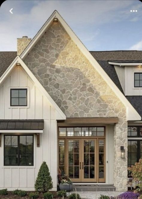 Exterior Rock And Siding Combinations, Brick And Stone Farmhouse Exterior, Stone Accent Exterior House, Exterior House Peak Ideas, Light Colored Stone Exterior, Vinyl And Stone Exterior, Rock And Stucco Exterior, Painted Rock Exterior House, Stone On Garage Exterior