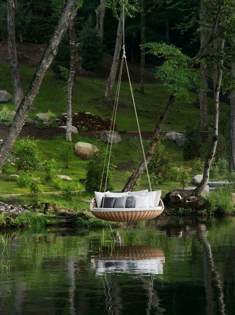 Swing bed over pond Outdoor Hanging Bed, Water Hammock, Hanging Beds, Hanging Bed, Swing Chair, The Secret Garden, Lounge Chair Outdoor, Event Styling, Design Case