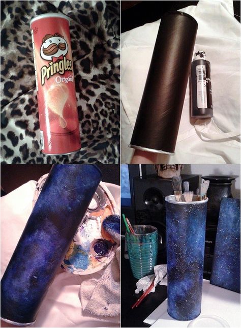 I thought of this idea while eating the chips a few days ago and finally got around to doing it tonight! take an empty pringles can and paint it black. get an old cloth (or sponge) to use for dabbing the paint on. once you got it the way you like, splatter some white paint on for the stars! let it dry and your ready to put your brushes in! a few of mine are too tall so i cant get the cover on it. but its still better than having my brushes scattered all through my drawer! Paint Can Holder Diy, Pringles Can Painting Ideas, Storing Spray Paint Cans Ideas, Diy With Pringles Can Ideas, Pringle’s Can Craft, Diy Brush Holder, Paint Brush Holders, Pringles Can, Plastic Bottle Art