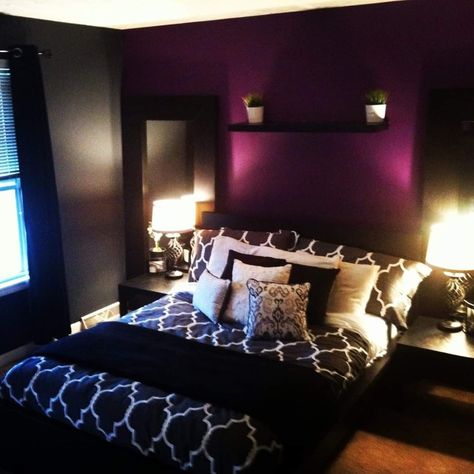 Purple Black Bedroom, Purple And Black Bedroom Ideas, Black And Purple Bedroom Ideas, Purple And Black Bedroom, Black And Purple Bedroom, Apartment Improvement, Purple Bedroom Ideas, Small Bedroom Colours, Black Bedroom Design