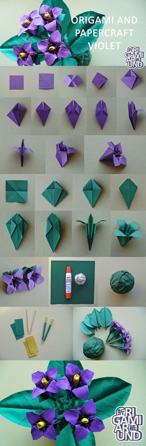 Origami Violet Flower, Origami Violet, Origami And Kirigami, Fleurs Diy, Origami Patterns, Folding Origami, Instruções Origami, Violet Flowers, Origami Paper Art