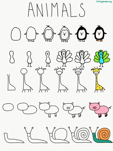 Step by step , doodles, animals, pig, peacock, snail, giraffe, penguin, draw, drawing , doodle, doodles, doodling Drawing Pig Easy, Doodle Art Drawing Step By Step, Easy Doodle Animals, Animal How To Draw, Cute Simple Penguin Drawing, Doodle Art Easy Simple Cute Animals, Cute Things To Draw Easy Doodles Step By Step, Fun Easy Doodles To Draw, Stuff To Draw Step By Step