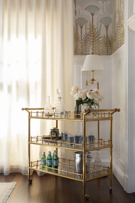 These Bar Cart Ideas Will Make You Wish It Were Five O'Clock Manly Bar Cart Styling, Bar Cart Lamp, Elegant Bar Cart Styling, French Country Bar Cart, Grand Millennial Bar Cart, Rustic Bar Cart Ideas, Bar Cart With Lamp, Tea Bar In Bedroom, Luxury Bar Cart