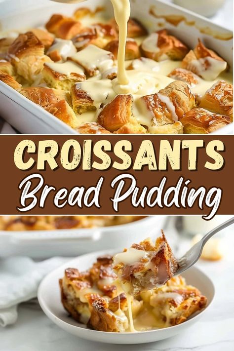 There’s a lot to love about this croissant bread pudding. Between the custardy croissants and creamy vanilla sauce, it’ll make you weak in the knees. Cheese Deserts, Bread Pudding With Croissants, Croissant Bread Pudding, Croissant Bread, Chocolate Pieces, Croissant Breakfast, Croissant Recipe, Vanilla Sauce, Bread Pudding Recipe