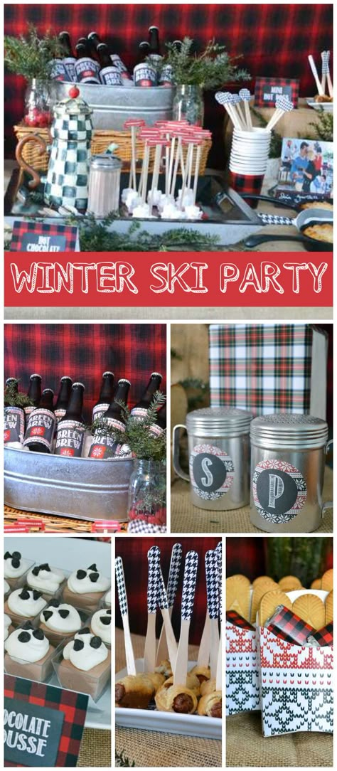 A New England apres-ski buffet with chili, macaroni and cheese, a hot chocolate bar and s’mores favors! See more party planning ideas at CatchMyParty.com! Ski Party Food Ideas, Apres Ski Food Ideas, Apres Ski Party Food, Ski Party Food, Apres Ski Party Decoration, Ski Decorations, Ski Lodge Party, Ski Ideas, Flannel Party