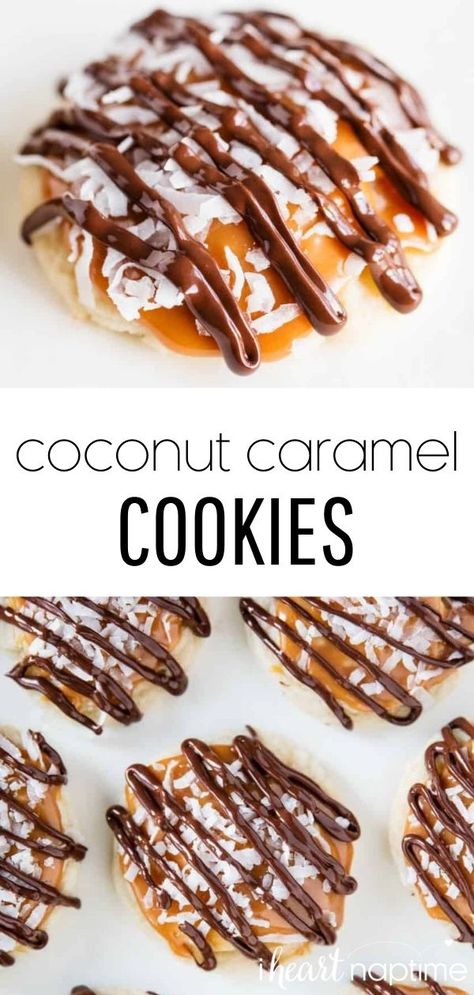 Buttery shortbread cookies topped with layers of gooey caramel, sweetened coconut and a chocolate drizzle. Every bite of these coconut caramel cookies is bursting with flavor! #coconut #coconutcookies #caramel #chocolate #caramelcookies #cookies #cookierecipes #desserts #baking #recipes #iheartnaptime Coconut Caramel Cookies, Fudge Cookie Recipe, Chocolate Dipped Cookies, Gooey Caramel, Caramel Bits, Buttery Shortbread Cookies, Buttery Shortbread, I Heart Naptime, Favorite Cookie Recipe