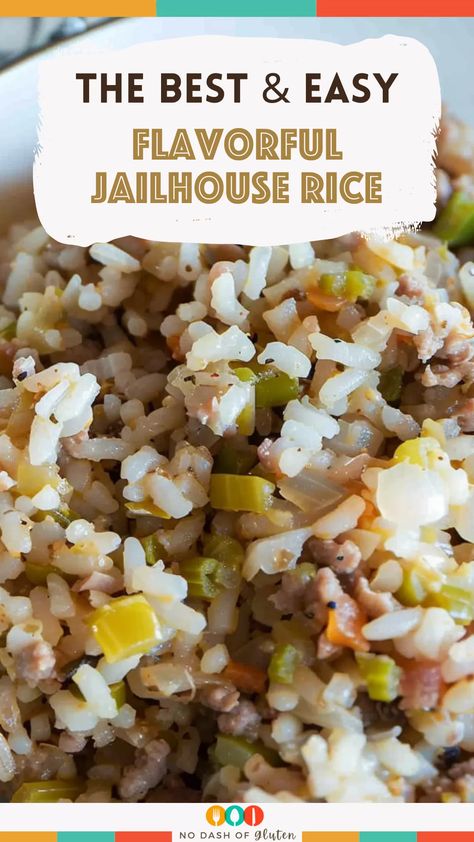 Flavorful Jailhouse Rice Rice Made With Chicken Broth, Celery Rice Recipes, Jail House Rice, Jailhouse Rice Recipe, Leftover Rice Recipes Dinners, Sausage And Rice Recipes Easy, Rice And Sausage Recipes, Baked Rice Recipes, Jailhouse Rice