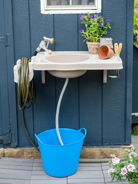 Riverstone Outdoor Garden Sink | Gardener's Supply Outdoor Hose Sink, Outdoor Sink From Water Hose, Outdoor Sink Hose Hookup, Outdoor Rinse Off Station, Garage Sink Ideas Diy, Diy Outdoor Sink Station, Garden Sinks Outdoor Diy, Outside Sink Ideas Backyards, Potting Bench Ideas With Sink