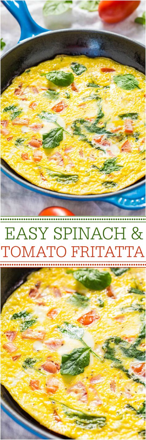 Easy Spinach and Tomato Frittata - Ready in 10 minutes and healthy! Perfect for any meal!! Great for using up odds-and-ends veggies, too!! Tomato Frittata, Spinach Frittata, Frittata Recipe, Breakfast Idea, Brunch Party, Breakfast Time, Breakfast Dishes, Dinner Recipe, Egg Recipes