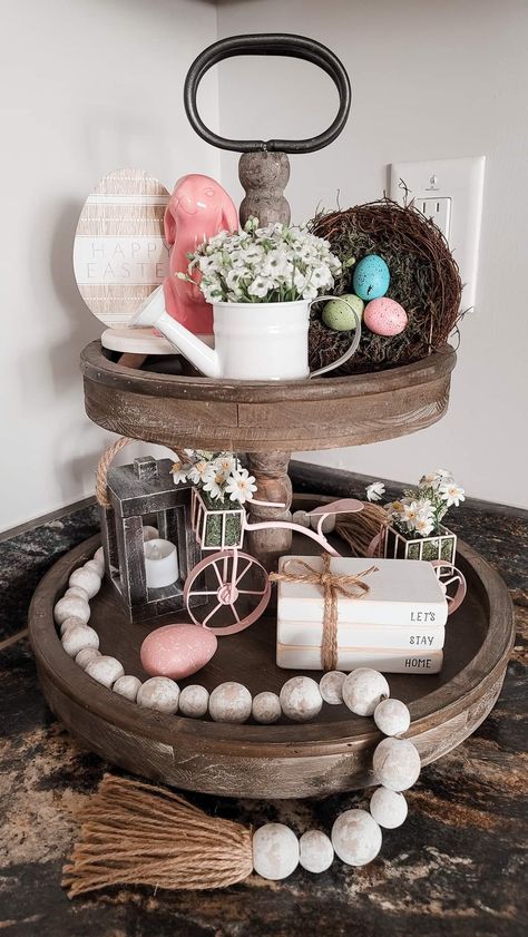 Spring Tray Ideas, Easter Diy Decorations, Easter Brunch Table, 3 Tier Tray, Tray Decor Ideas, Diy Spring Crafts, Candy Egg, Tiered Tray Ideas, Easter Decor Ideas