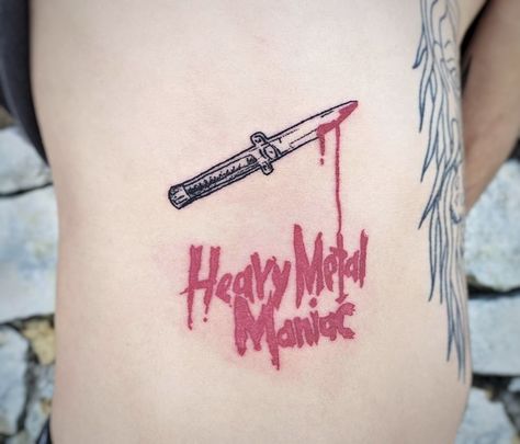 Cuchillo heavy metal tattoo Metalica Tattoo Designs, Metal Head Tattoos, Metal Lyrics Tattoo, Heavy Metal Tattoo Ideas For Men, Metallica M Tattoo, Heavy Metal Tattoo, Metal Tattoo, Heavy Metal, Tattoos